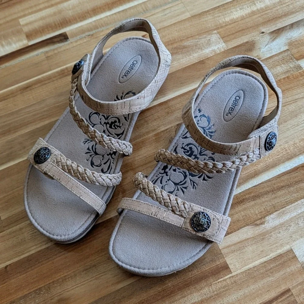 Aetrex Jillian Cork Wedge Sandals L Braided Straps Orthotic Comfort Size 8.5 NEW